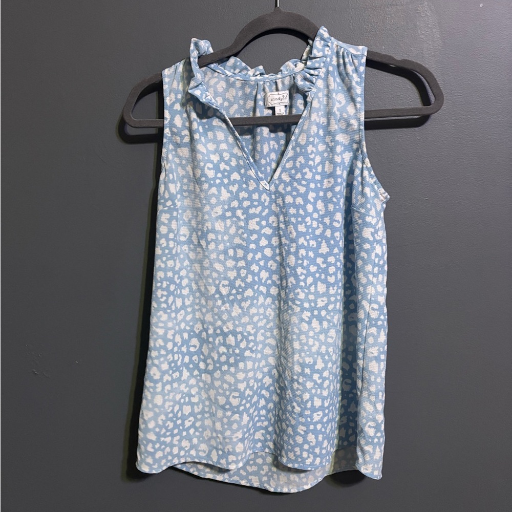 Mudpie blue animal print tank top with ruffle neck size small